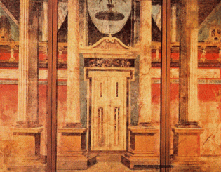 El llamado "Fresco de la Puerta" de la villa de P. Fanio Sinistor, en Boscoreale, ejemplo del II Estilo, o "estilo arquitectónico" (Napoles, Museo Arqueológico Nacional). Fuente en: http://bit.ly/2hFktaG 