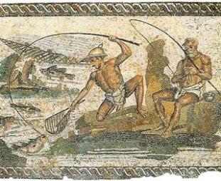 Mosaico de los pescadores (Trípoli, Museo del Castilo; procedente de la Villa del Nilo de Leptis Magna). Fuente en: http://bit.ly/2gxArrr