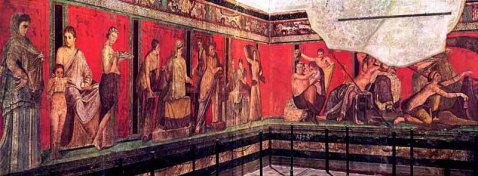 Conjunto de los frescos megalográficso del triclinium (Pompeya, Villa de los Misterios). Fuente en: http://bit.ly/2gsIkJH